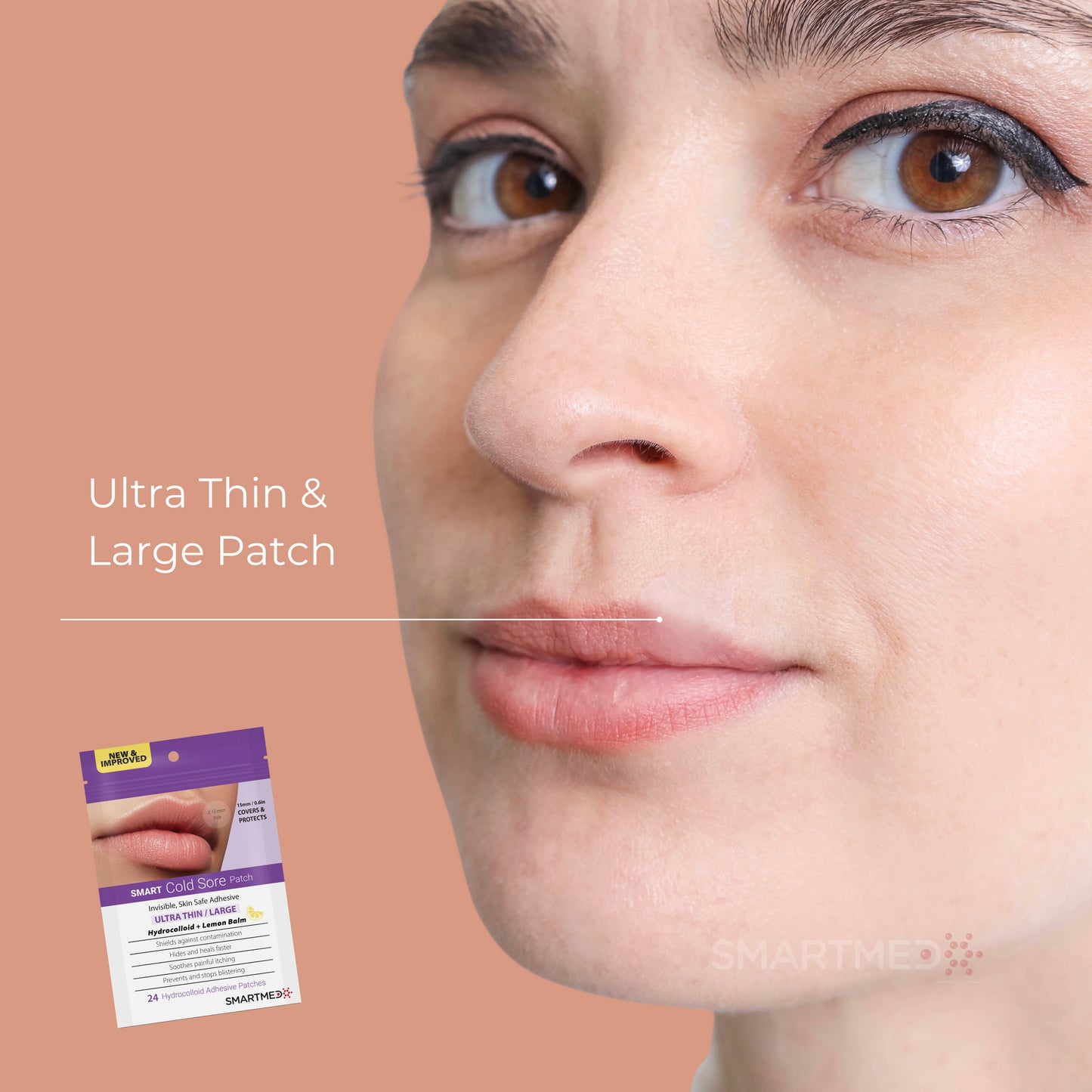 Cold Sore Ultra Thin Large Hydrocolloid Patches with Lemon Balm 24 Patches 15mm - Image of Patch on Lips
