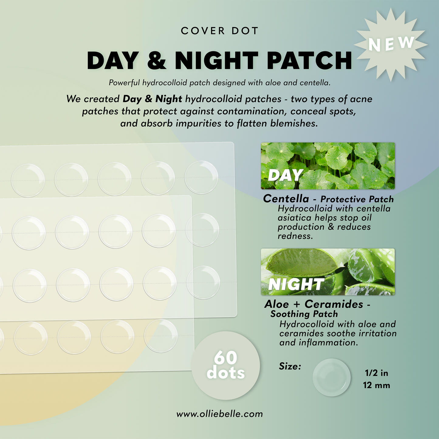 Cover Dot Day & Night 60 Acne Patch Description 12mm Centella Aloe Ceramides Protective & Soothing Patches